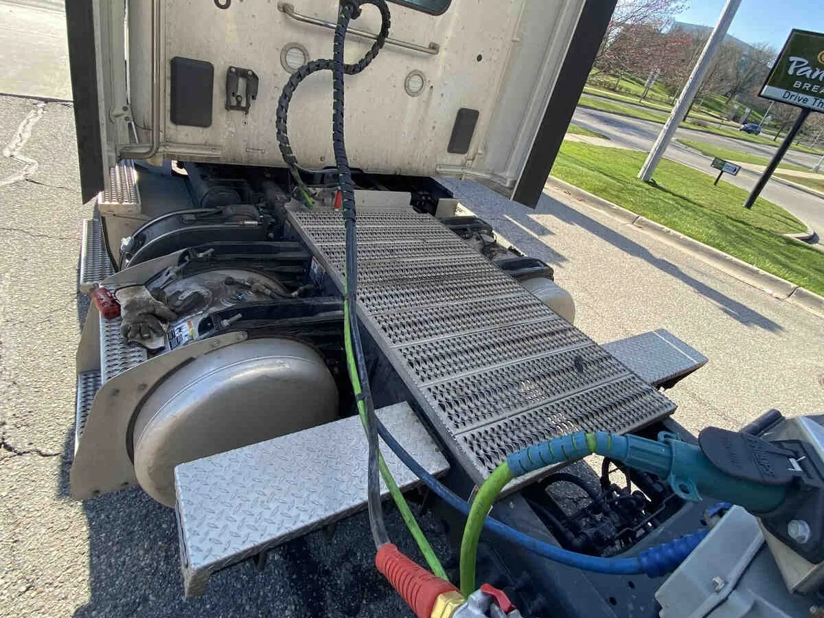 New air and electrical lines hooked up on a semi tractor